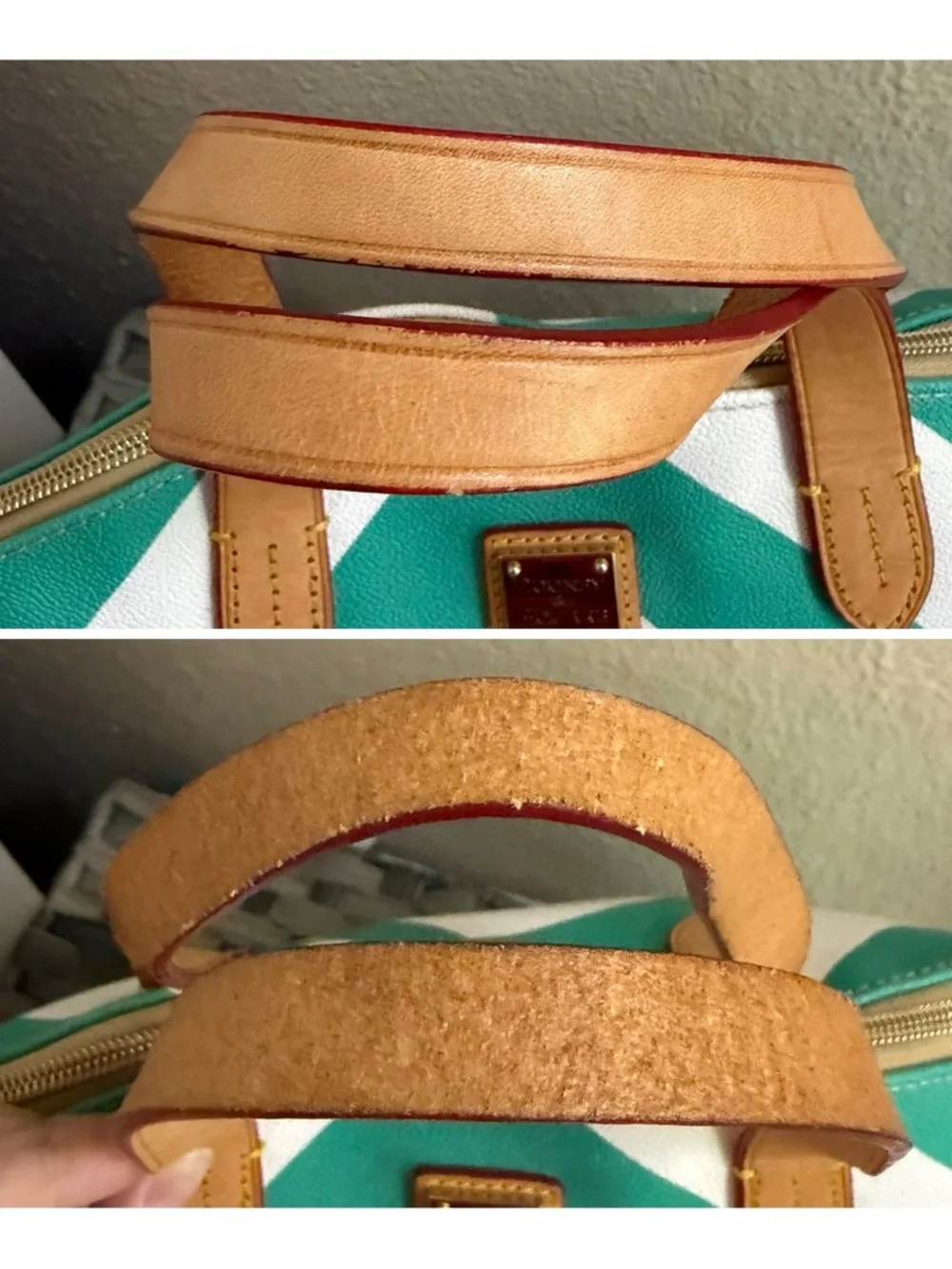 Dooney & Bourke Olivia Chevron Satchel Teal & White Stripes - Leather Top Handle - Picture 15 of 15